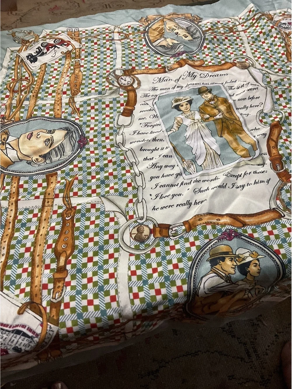 Jane Seymour Designs Silk Scarf/ Vintage Inspired Portraits /Leather Belt Motif